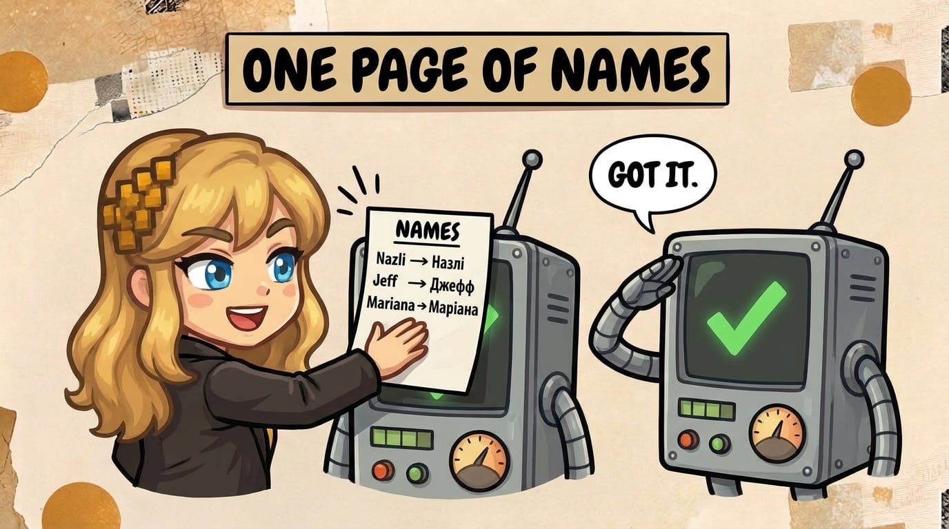 Comic panel captioned “One page of names”: Literess, grinning, slaps a sheet titled “Names” onto a boxy robot’s screen. The sheet lists “Nazli → Назлі”, “Jeff → Джефф” and “Mariana → Маріана”. A second robot salutes with a green check mark on its screen and says “Got it.”