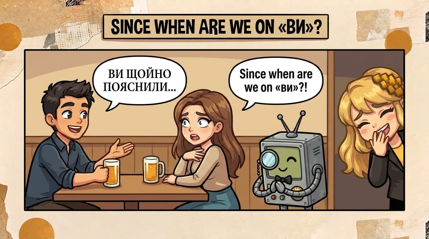 Comic panel captioned “Since when are we on «ви»?”: in a student bar, Diego leans across the table with a beer and a speech bubble in stiff formal lettering, “Ви щойно пояснили…”. Sofia leans back, wide-eyed: “Since when are we on «ви»?!” A boxy robot with a monocle and a bow tie bows politely beside the table while Literess peeks in from the edge, laughing behind her hand.