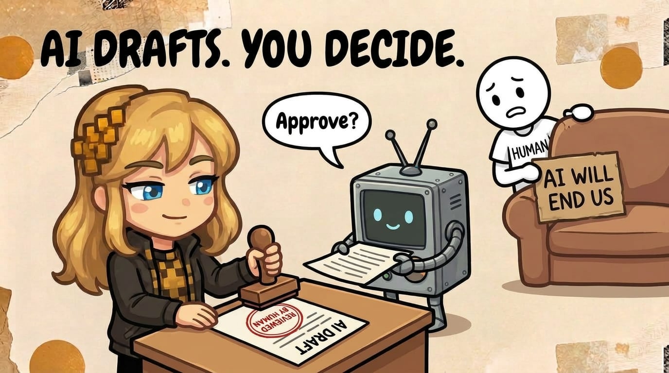 Literess, Transept’s illustrated assistant, sits at a desk and stamps a page labelled “AI draft” with a red “Reviewed by human” stamp, while a small boxy robot holds out the next page and asks “Approve?”. Behind a sofa, a nervous stick figure in a “Human” T-shirt holds a sign that reads “AI will end us”. The title reads “AI drafts. You decide.”