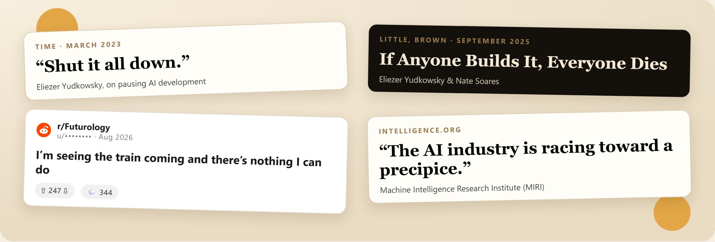 Four cards from the doom corner: Eliezer Yudkowsky in TIME, March 2023: “Shut it all down.”; a Reddit post from r/Futurology: “I’m seeing the train coming and there’s nothing I can do”; the book “If Anyone Builds It, Everyone Dies” by Eliezer Yudkowsky and Nate Soares, Little, Brown, September 2025; and the MIRI website: “The AI industry is racing toward a precipice.”