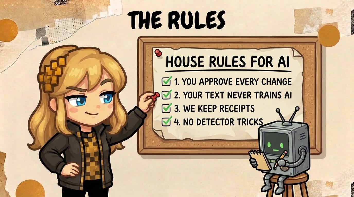 Literess pins a handwritten poster titled “House rules for AI” to a corkboard, with four ticked lines: “You approve every change”, “Your text never trains AI”, “We keep receipts” and “No detector tricks”. A small boxy robot sits on a stool below it, taking notes.