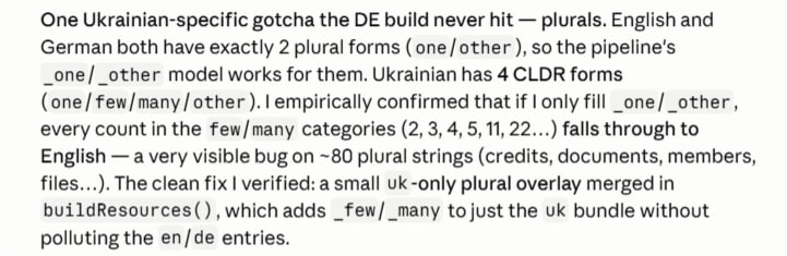 Engineering notes from the Ukrainian build-out, describing how counts of 2, 3, 4, 5, 11, 22 fell through to English before the plural forms were filled in