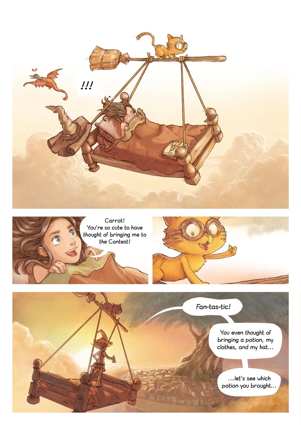 Original: a comic page of a young witch waking up on a flying bed pulled by her cat, with four speech balloons
