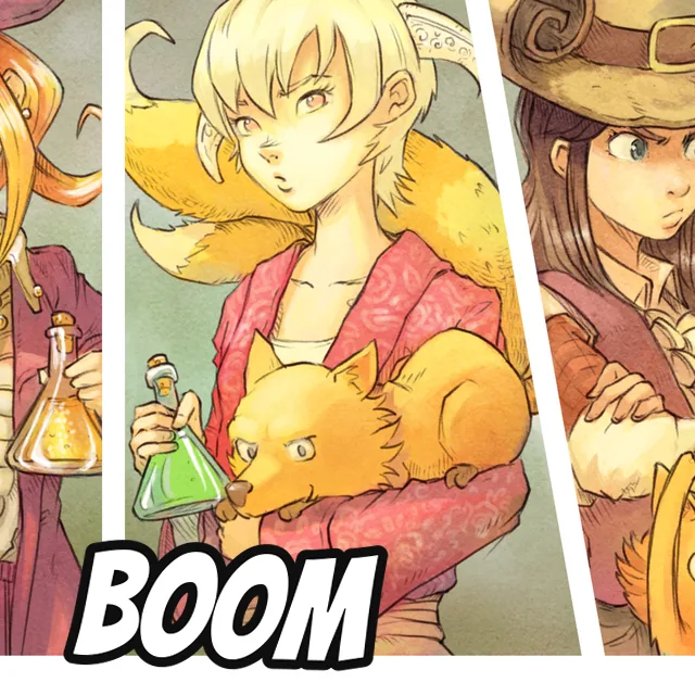 Original: a colour panel of three characters above a large brush-lettered sound effect